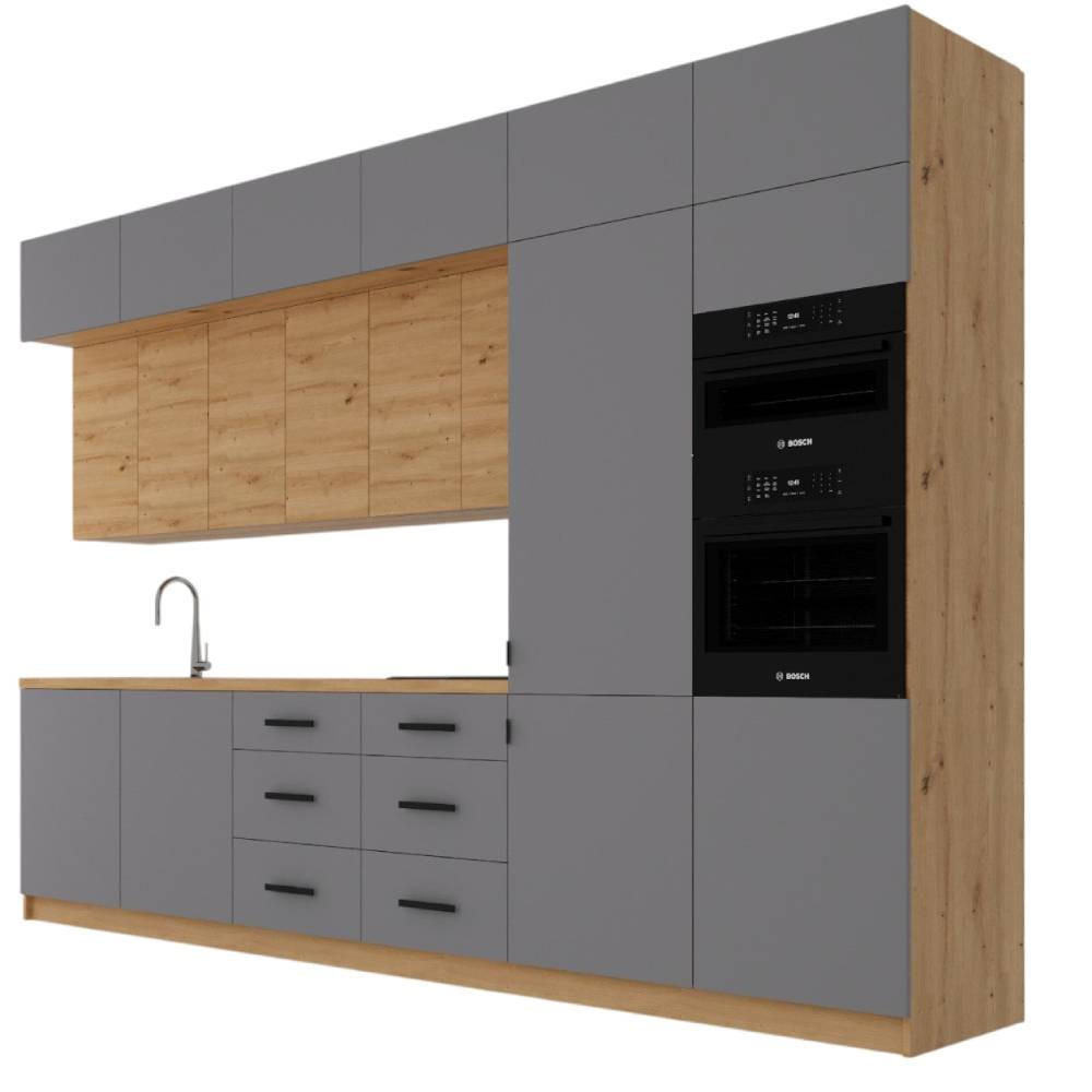 KÜCHENZEILE 360 cm – Langen K72-M360 R - in Beige / ArtisanEiche - Beige/Schwarz, Holzwerkstoff/Metall (360/248/58cm)