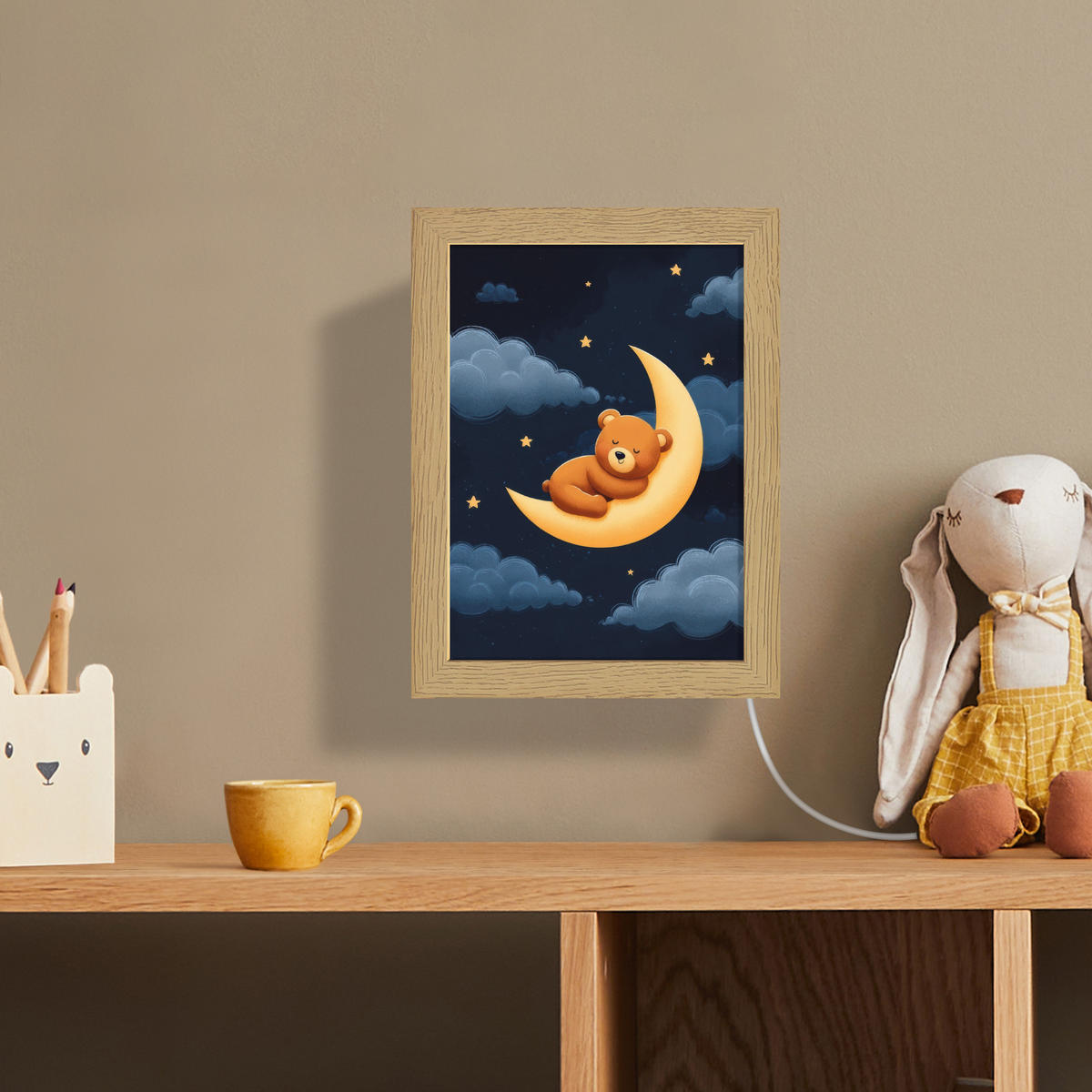 NÁSTĚNNÁ LAMPA Medvídek - Měsíc - Mraky - Hvězdy 15x20 cm - tmavě modrá, kompozitní dřevo (15/20/8cm) - OnlyWow