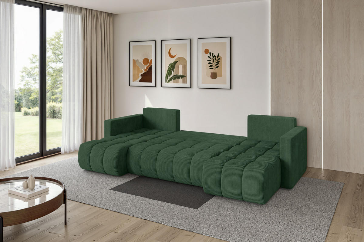 SEDACÍ SOUPRAVA DO U s funkcí spaní a úložným prostorem GARD-U 300x146x85 zelená manšestr - černá/tmavě zelená, kompozitní dřevo/textil (300/85/146cm) - ALTDECOR