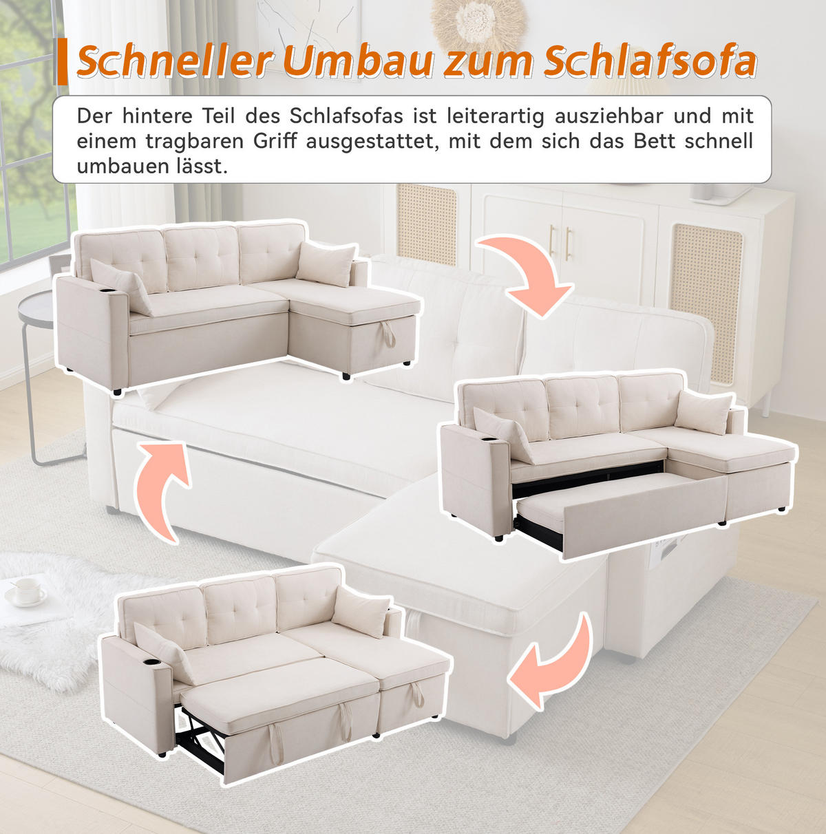 SCHLAFSOFA 211/130 cm mit Bettkasten und Chaiselongue in Beige - Beige, Textil (130/86/211cm) - BEAOK