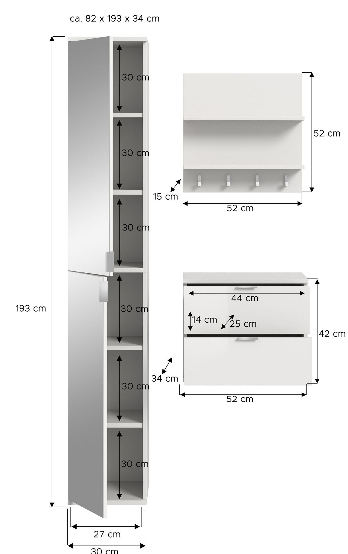 GARDEROBENKOMBINATION 3tlg. Projekt X Garderobe in weiß Nb. und weiß hochglanz B/H/T: 82x193x34 cm - Weiß, Holzwerkstoff (82/191/37cm)