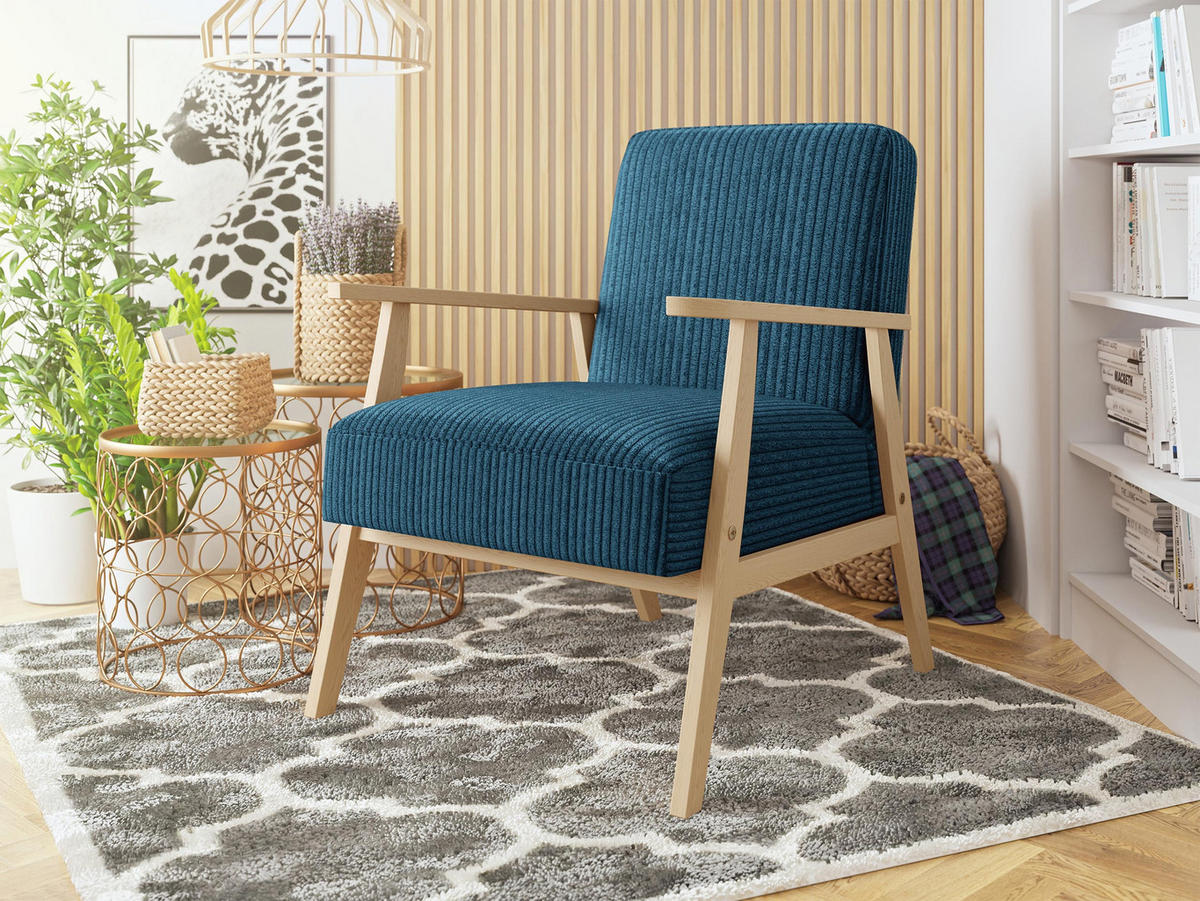SESSEL Retro Cord - Blau/Naturfarben, Holz/Textil (59/76/67cm) - MIRJAN24