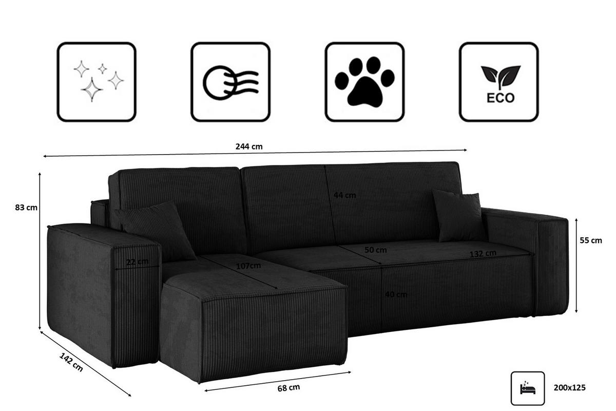ECKSOFA Mit Schlaffunktion Und Bettkasten BEST Stoff Poso Dicker Cord Schwarz Links - Schwarz, Holz/Textil (142/244cm) - Kaiser Möbel