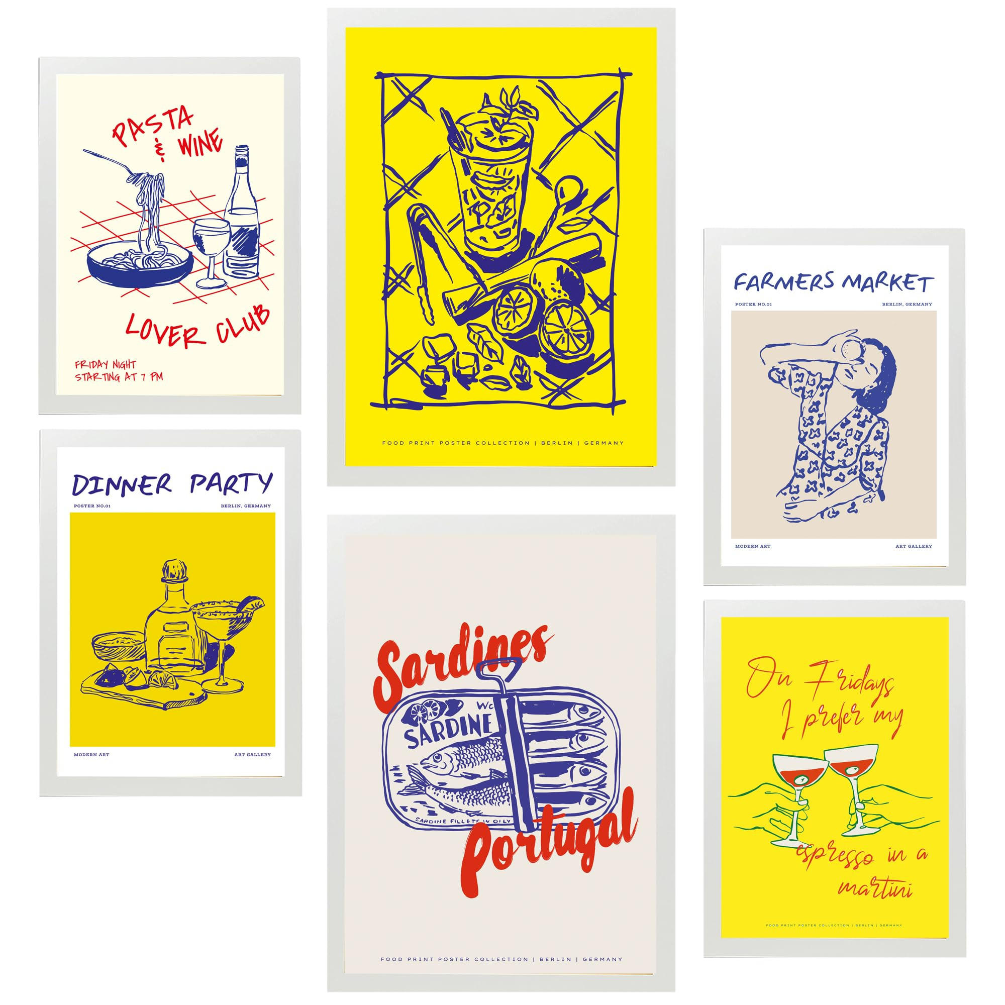 POSTER Set Mit 6 Von Lebensmitteln & Essen Im Gelben Pop Art A3 & A4 Weißer Rahmen - Weiß, Papier (29/3cm) - Nacnic