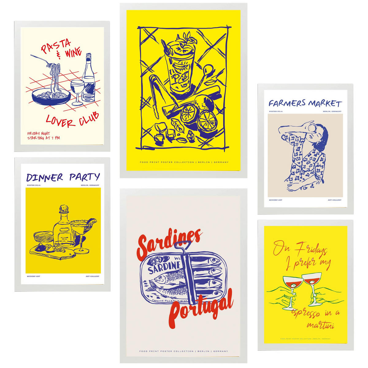POSTER Set Mit 6 Von Lebensmitteln & Essen Im Gelben Pop Art A3 & A4 Weißer Rahmen - Weiß, Papier (29/3cm) - Nacnic