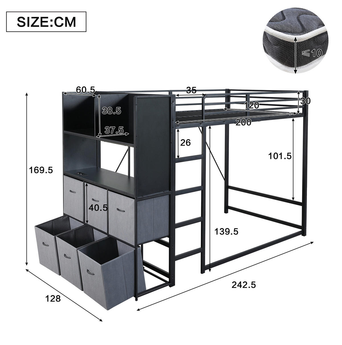 HOCHBETT aus Metall und Holz 120x200 cm Schwarz/Grau mit Stauraum, Beleuchtung und Ladestation - Schwarz, Metall (120/200cm) - Modfu