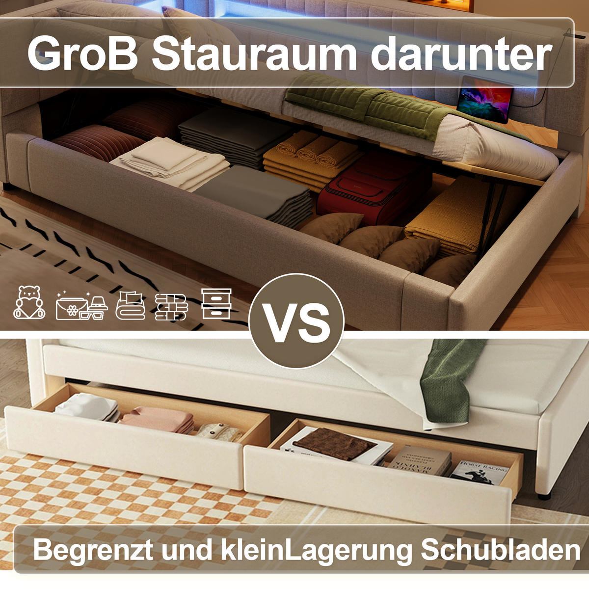 POLSTERBETT 90/200 cm Beige mit Stauraum mit LED-Beleuchtung aus Leinen - Beige, Textil (90/200cm) - OKWISH