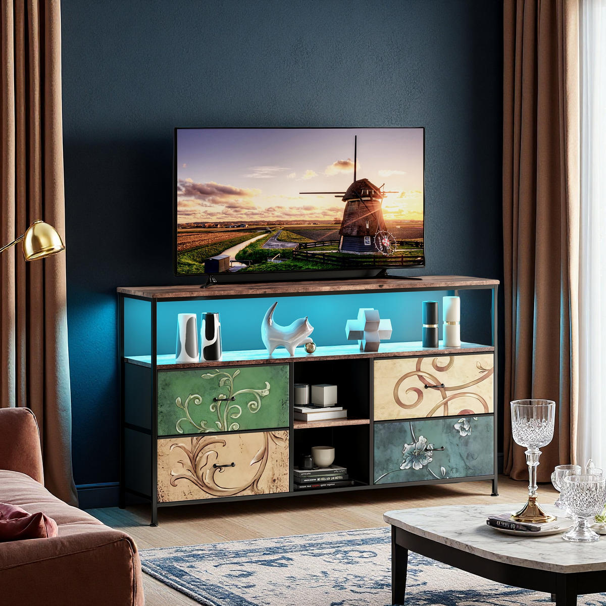 LOWBOARD, 108 x 30 x 76.8 cm, mit 4 Stoffschubladen und LED-Lichtern, Metallrahmen Vintage für Wohnzimmer - Blaugrau, Metall (29.8/76.8/108cm) - WoodenAura
