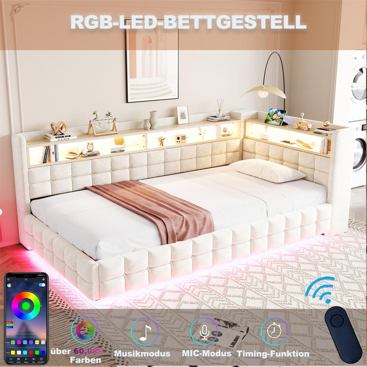 POLSTERBETT 90x200 cm mit hydraulischem Stauraum und Regal - LED Beleuchtung - USB & Typ-C - Beige - ohne Matratze - Beige, Textil (90/200cm) - DELFA