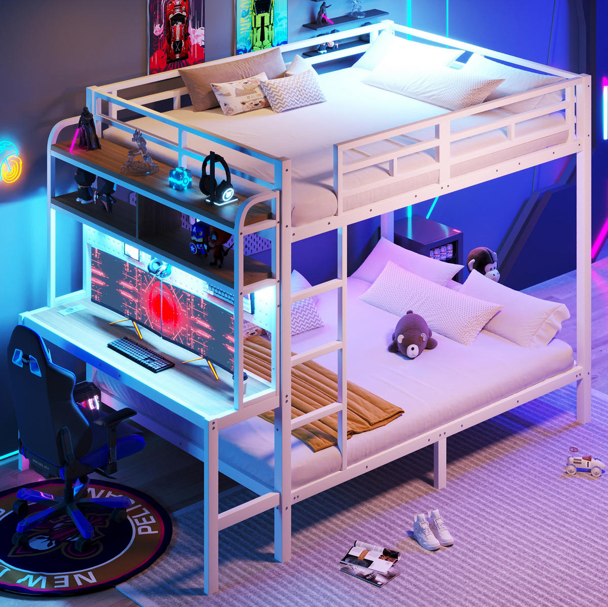 ETAGENBETT aus Metall und MDF 140x200 cm Weiß mit Schreibtisch, Ablagefächern, LED-Lichtleiste und USB - Weiß, Metall (140/200cm) - Modfu