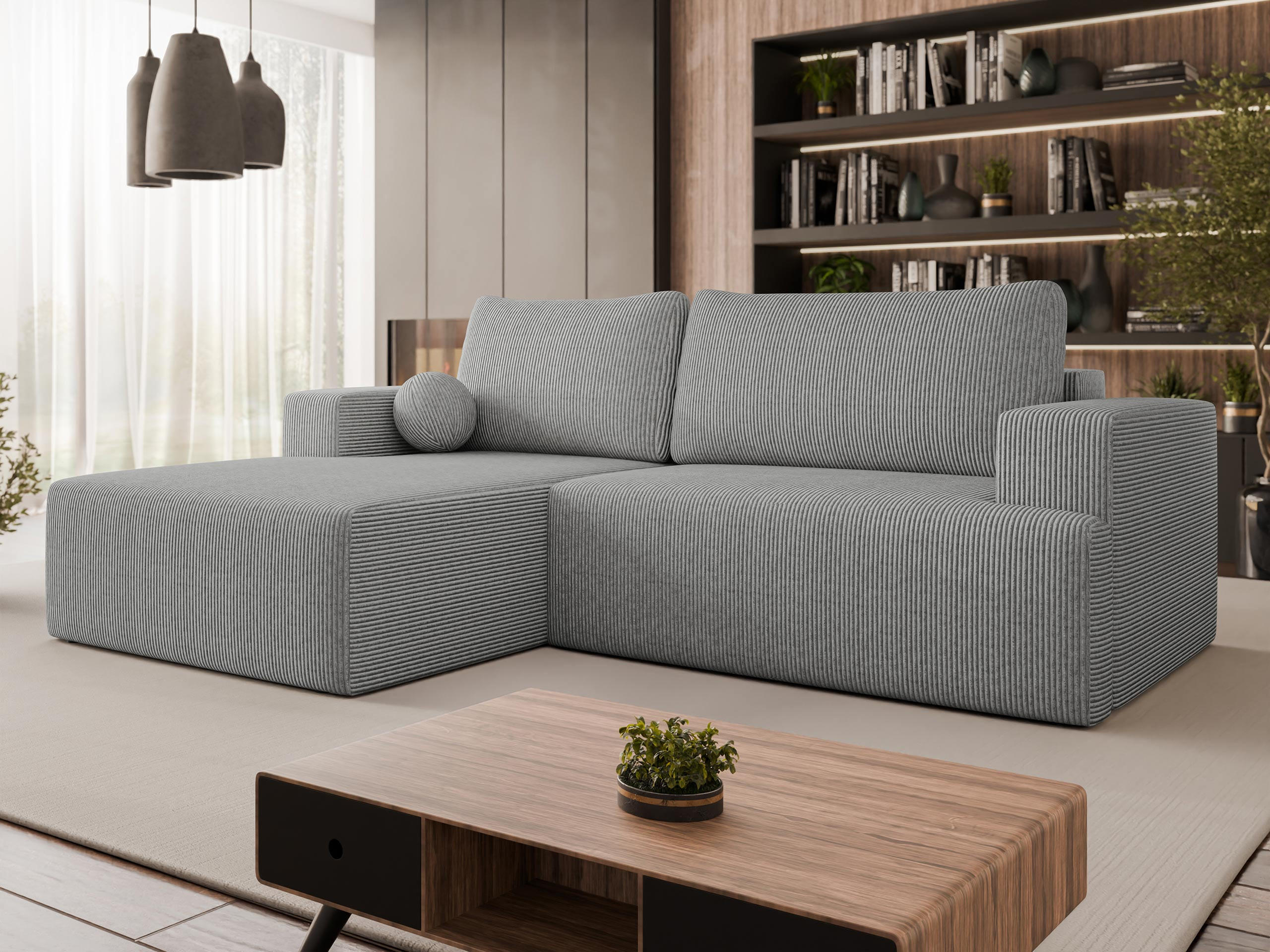 ECKSOFA Mivo Cord, Seite: Links - Schwarz/Grau, Holz/Kunststoff (266/163cm) - MIRJAN24