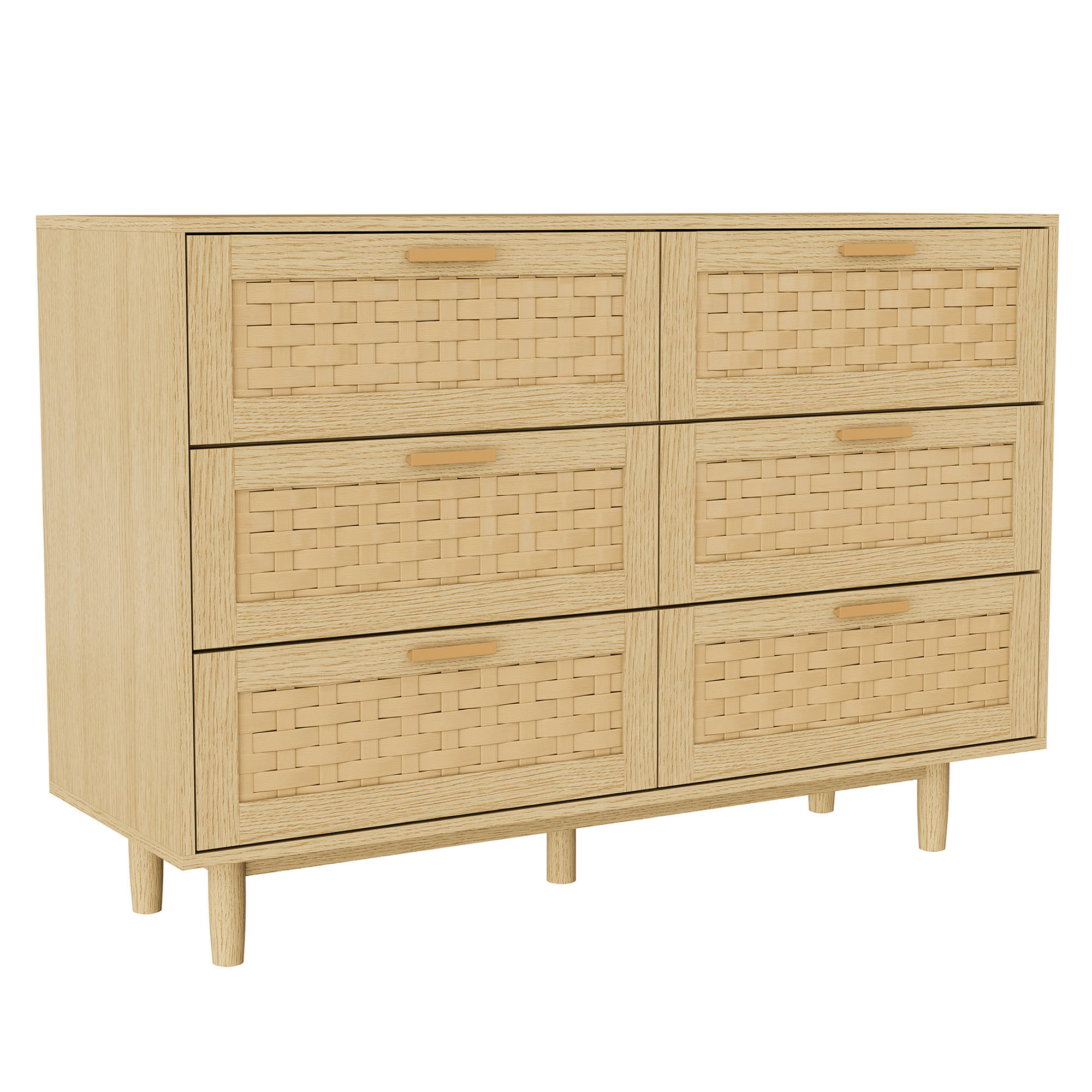 KOMMODE Japandi mit 6 Schubladen in Rattan-Optik 115/40/80 cm Eiche-Dekor - Eichefarben, Holzwerkstoff (115/80/40cm) - Creahappy