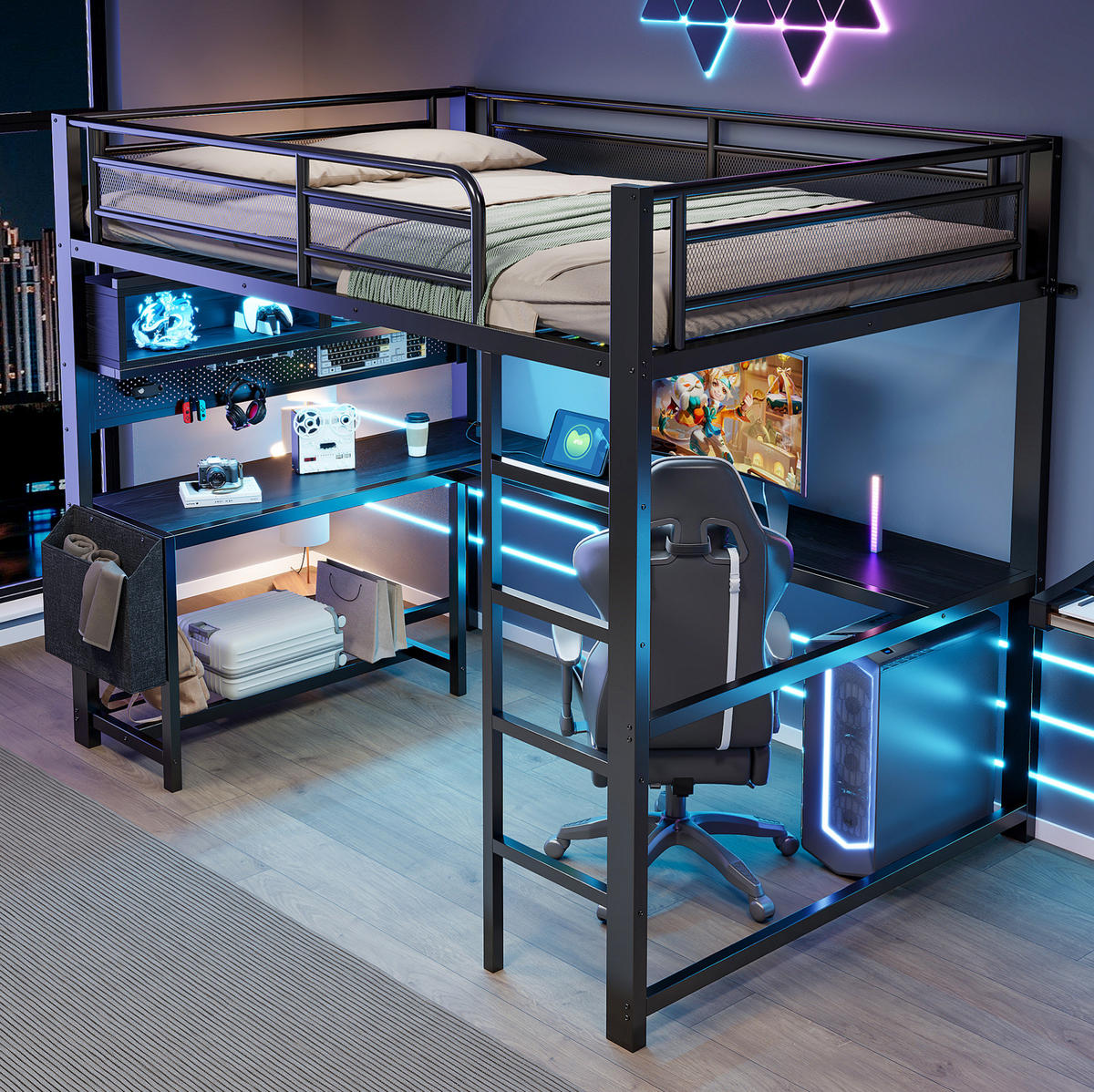 HOCHBETT 140/200 cm Schwarz mit Schreibtisch und LED - Schwarz, Metall (140/200cm) - MIVRAY