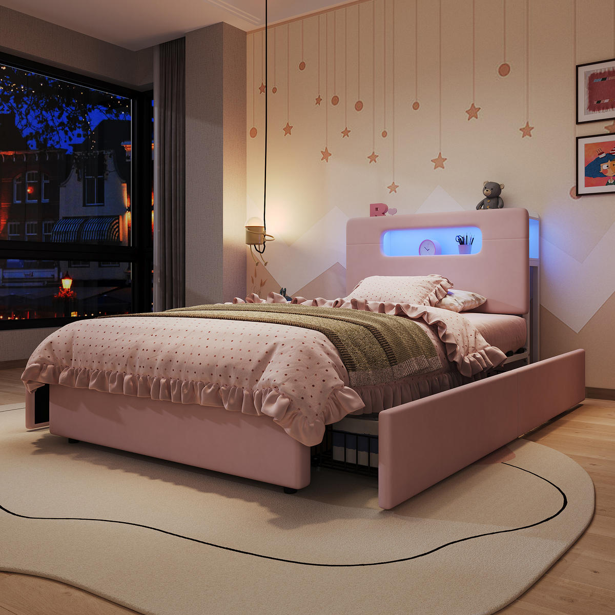 STAURAUMBETT 90/200 cm mit 4 Schubladen und LED, DE-41736, in Rosa - Pink, Holzwerkstoff (90/200cm) - ComfortXL