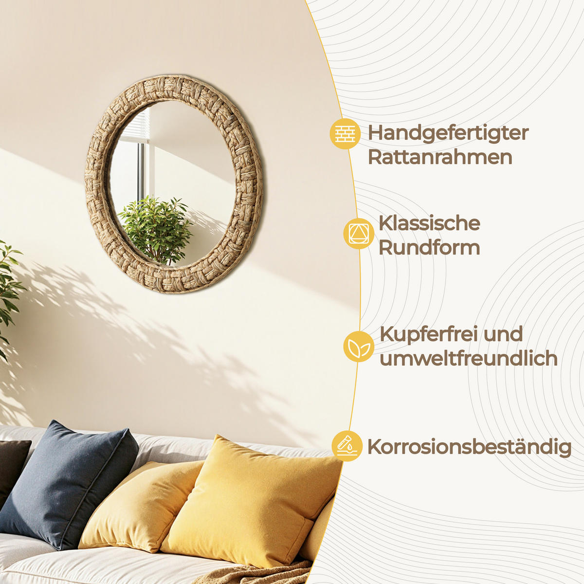 52CM H Runder Wandspiegel mit Rahmen aus geflochtener Wasserhyazinthe Geeignet für Badezimmer, Wohnzimmer und Schlafzimmer - Hellbraun/Beige, Glas/Holz (52/3.5/52cm) - Hometopia