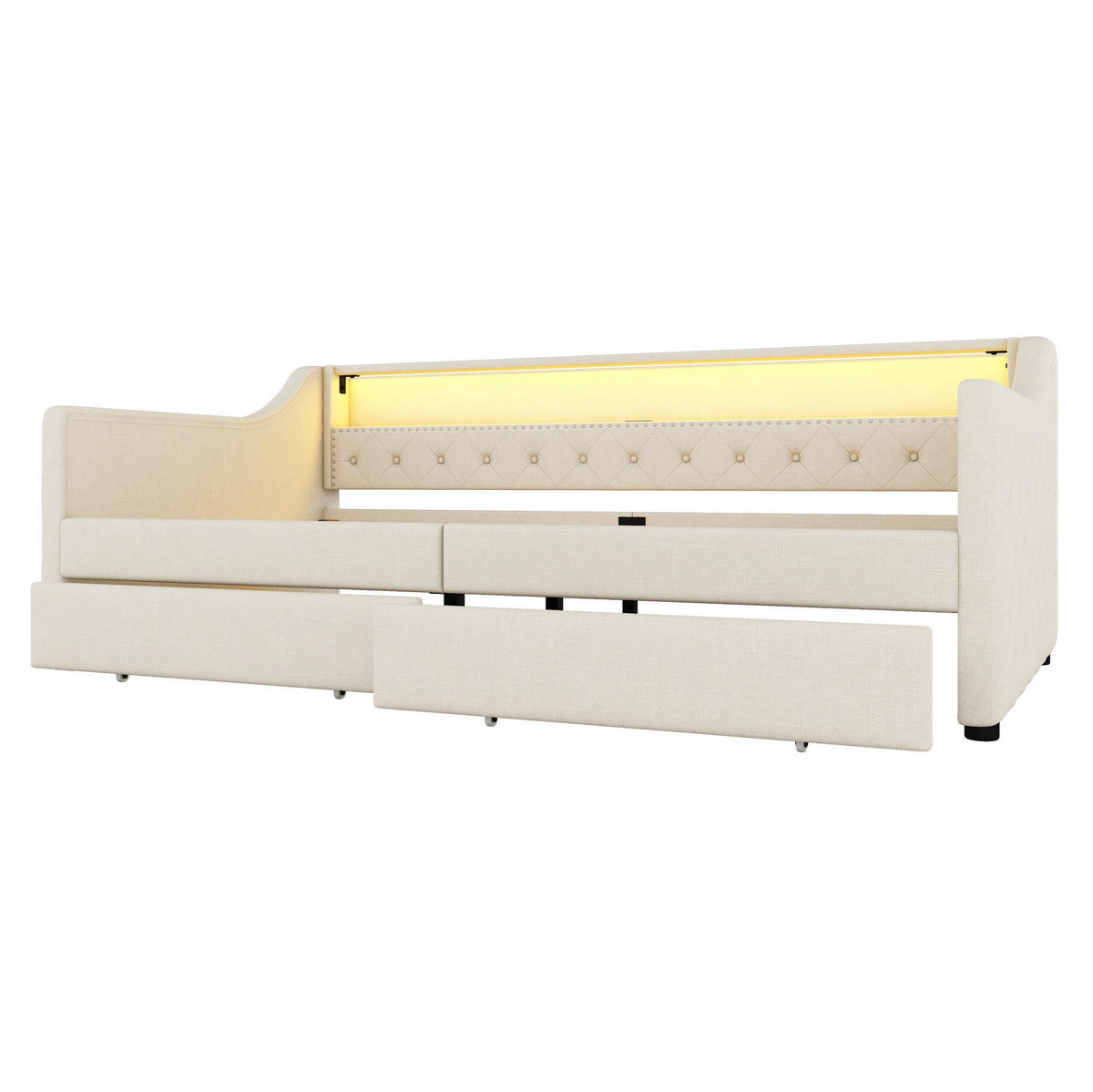 POLSTERBETT 90/200 cm Beige mit LED-Beleuchtung, USB-Anschluss und 2 Schubladen - Beige, Textil (90/200cm) - Flora Grace