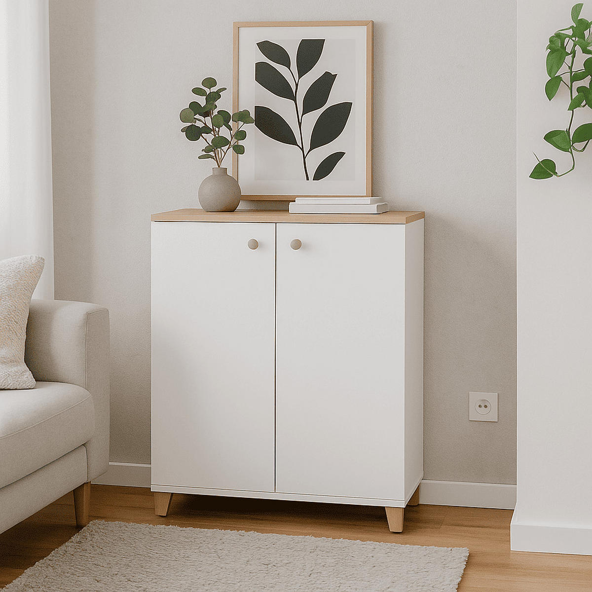 KLEINES Sideboard mit 2 Türen, Dekor Kronberger Eiche und Weiß - L79,7 cm - Eschefarben, Holzwerkstoff (35.1/104.2/79.7cm) - Calicosy