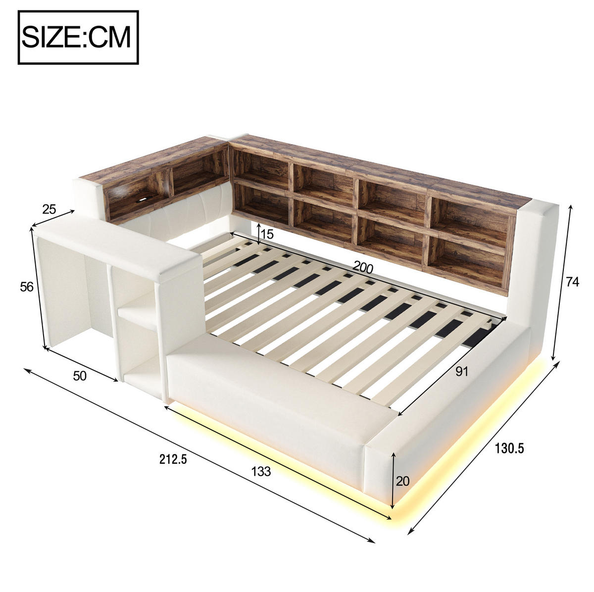 POLSTERBETT 90/200 cm aus Samtstoff mit LED-Beleuchtung und Steckdosen, Beige - Beige, Textil (90/200cm) - OKMYHOME