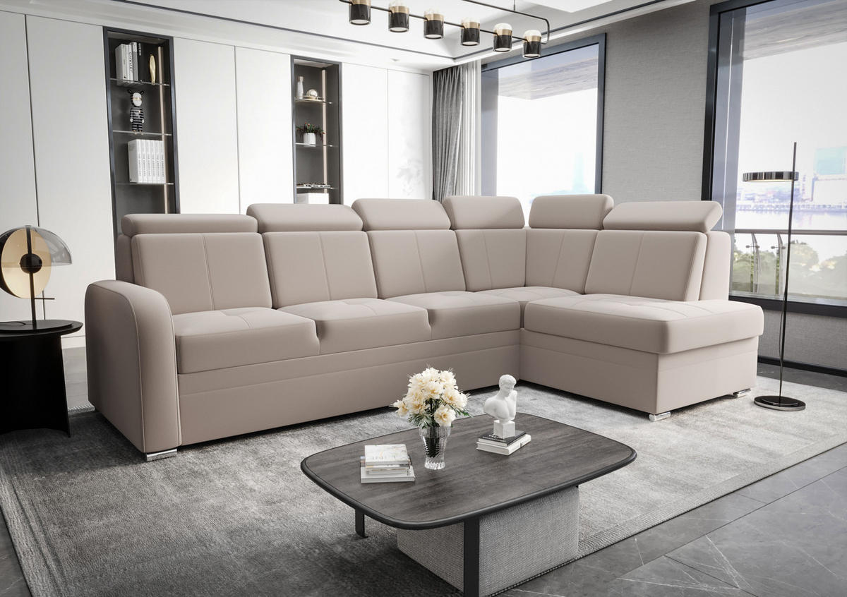 ECKSOFA KONGO RBN11, Eckcouch in L-Form mit Schlaffunktion, Farbe: Beige, Velourstoff, Ottomane Rechts - Beige, Textil (304/180cm) - O-Sofa