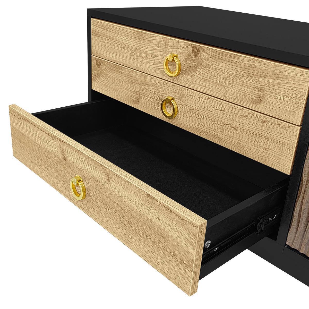 LOWBOARD in Schwarz und Naturfarben mit Wellenmuster und Schubladen für Wohnzimmer, B180/T38/H50 cm - Schwarz/Naturfarben, Holz/Holzwerkstoff (180/50/38cm) - STILVORA