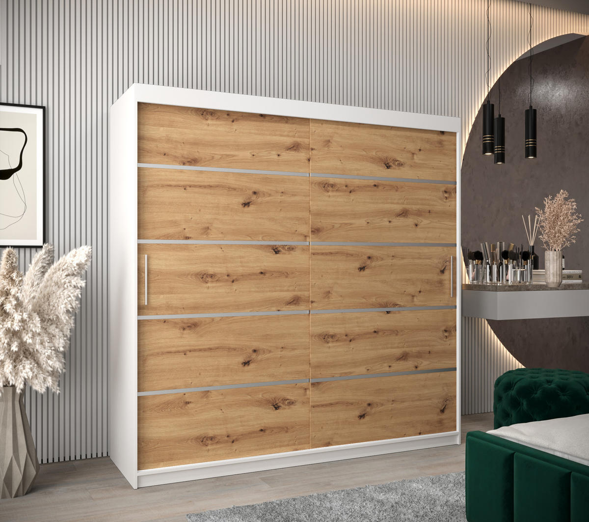 SCHWEBETÜRENSCHRANK 200/200/62 2-türig - Silberfarben/Eiche Artisan, Holz/Kunststoff (200/200/62cm) - Abiks Möbel