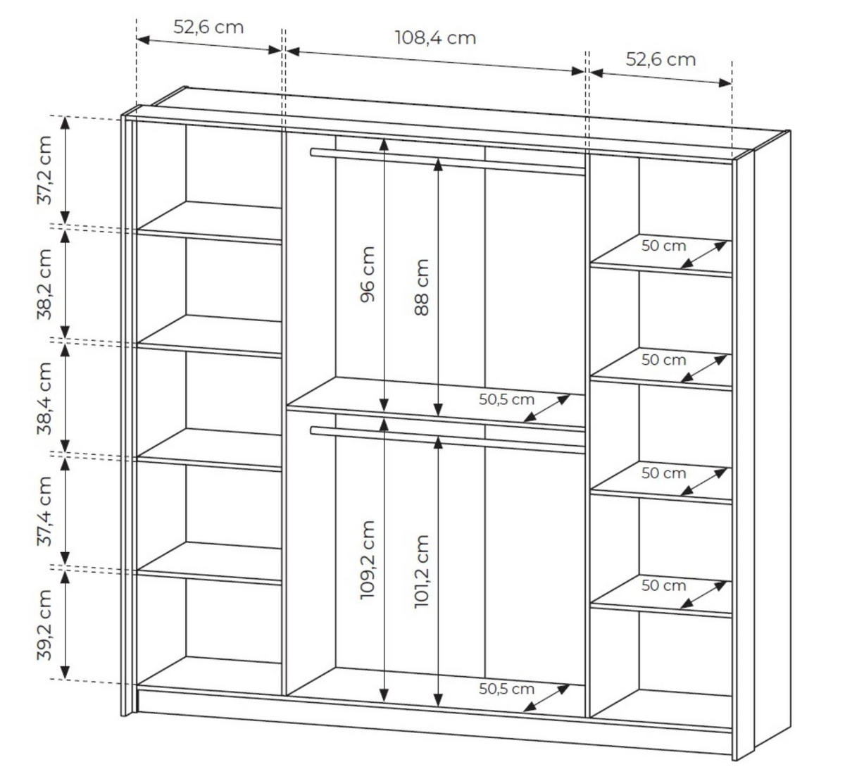 KLEIDERSCHRANK Faro, viertüriger mit Spiegel und LED - Eichefarben, Holzwerkstoff (223/210/60cm) - Bettso