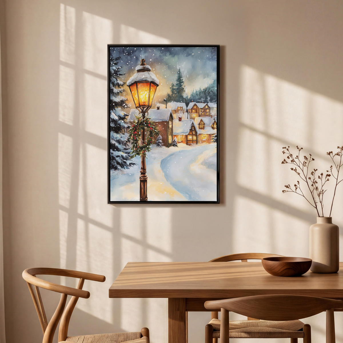 LEINWAND Bilder mit Rahmen - Weihnachtsdorf - Häuser - Schnee - Weihnachten - 60x90 - Sandfarben, Textil (60/90cm) - MuchoWow