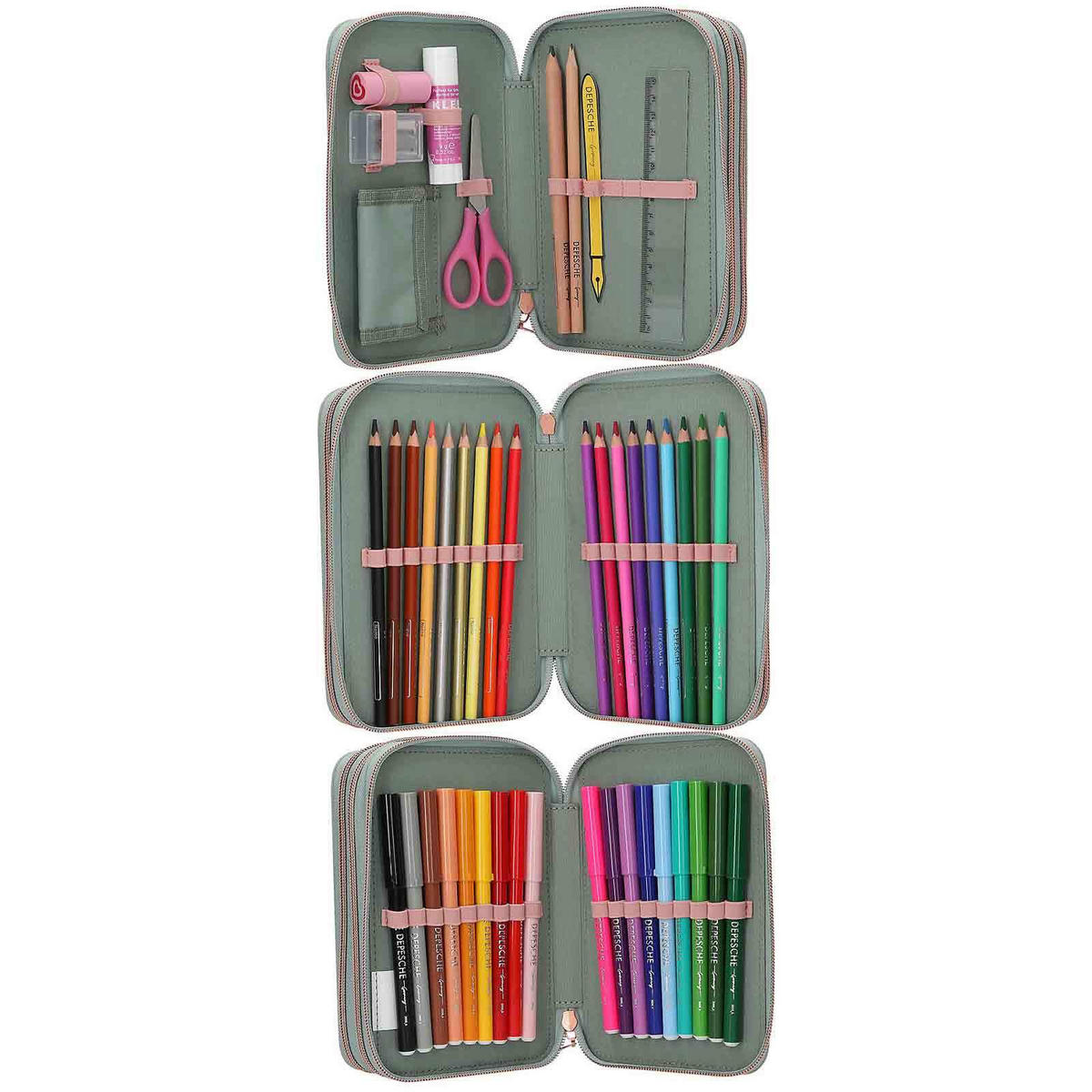 3-FACH FEDERTASCHE ROMANTIC FIELDS INKL. STIFTE Miss Melody grün 7,5 x 13 x 20 cm - Grün, Kunststoff (13/20/7.5cm) - Depesche Germany