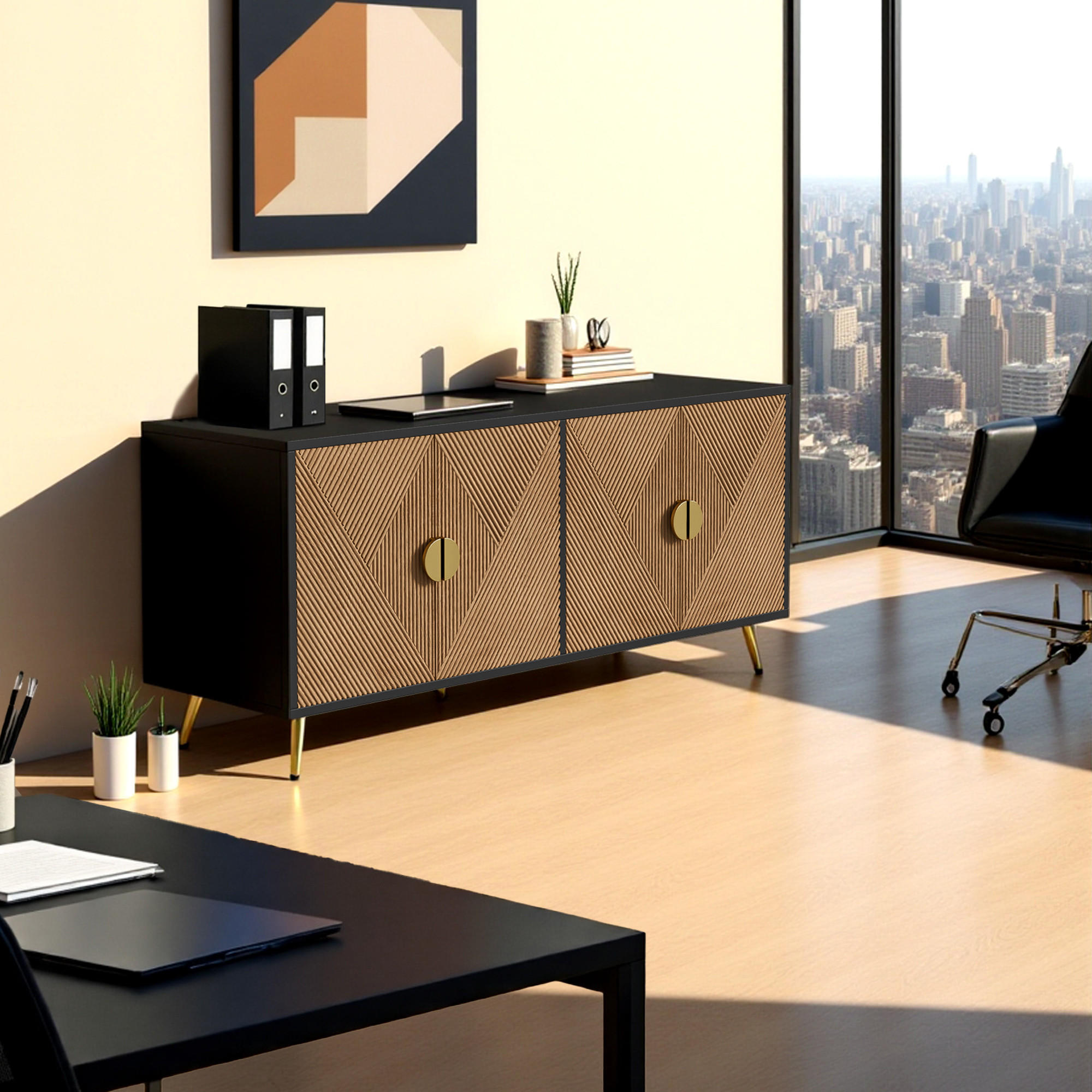 SIDEBOARD mit Rautenmuster-Türen – 160/40/40cm - Schwarz, Holzwerkstoff/Metall (160/75/40cm) - Urban Meuble