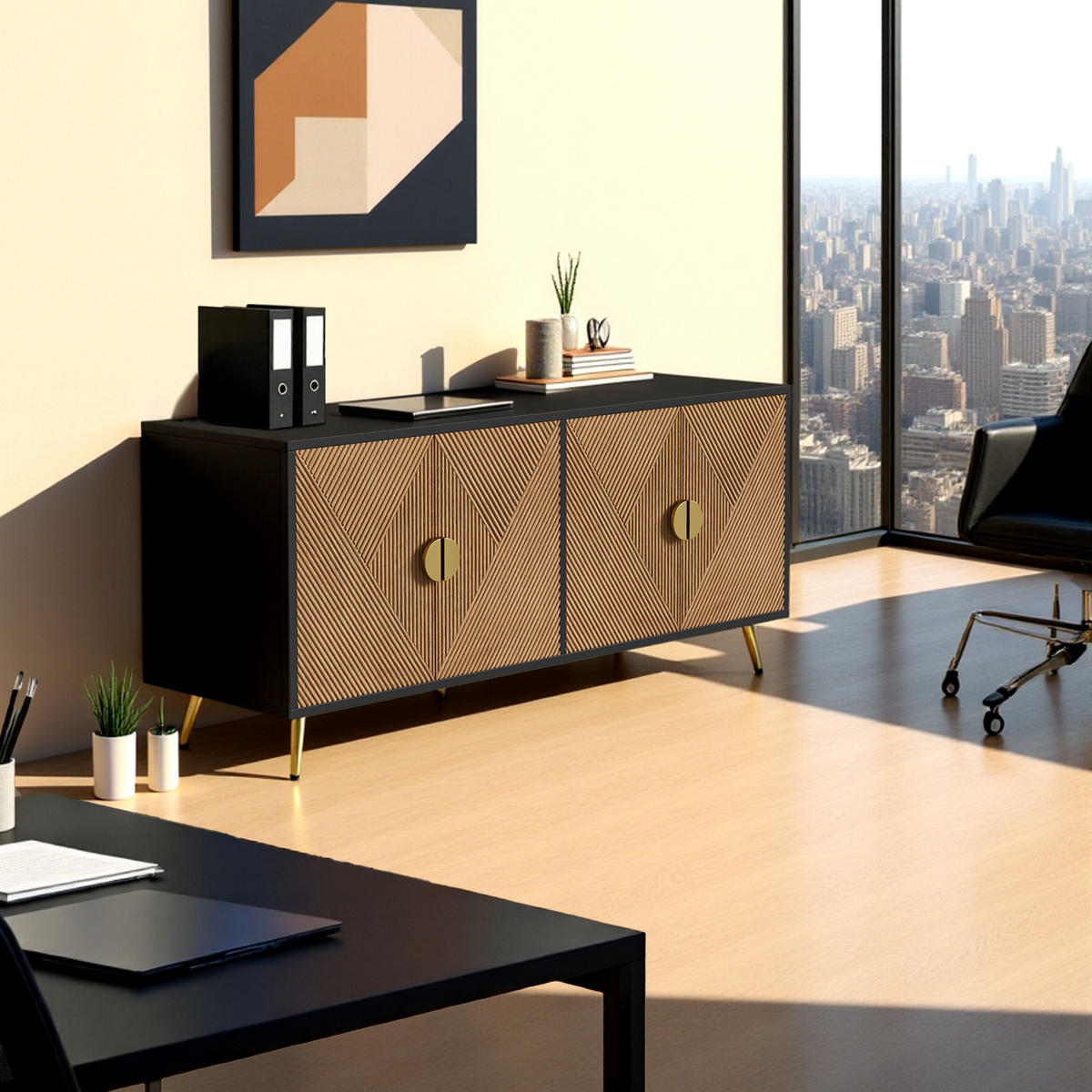 SIDEBOARD mit Rautenmuster-Türen – 160/40/40cm - Schwarz, Holzwerkstoff/Metall (160/75/40cm) - Urban Meuble