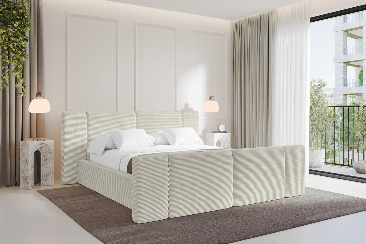 POLSTERBETT mit Bettkasten, Fußteil und Lattenrost, Bett mit Matratze H3/H4 - RIVO-Z 200x200 Creme - Sahara, Holzwerkstoff/Textil (200/200cm) - ALTDECOR