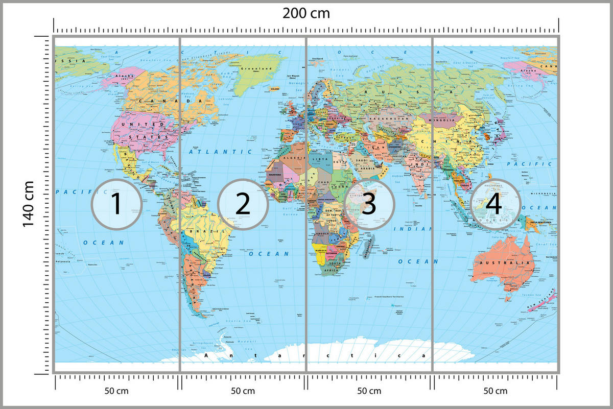 FOTOTAPETE für Wohnzimmer Politische Weltkarte Kontinente 200x140 - Gelb/Rosa, Papier (200/140cm) - Muralo