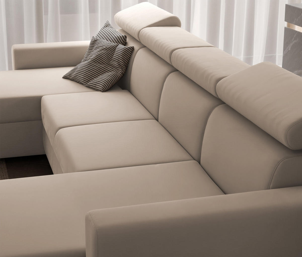 WOHNLANDSCHAFT BENI U II mit verstellbaren Kopfstützen und Schlaffunktion, Farbe: Beige - Beige/Schwarz, Kunststoff/Textil (302/60/166cm) - Idohome