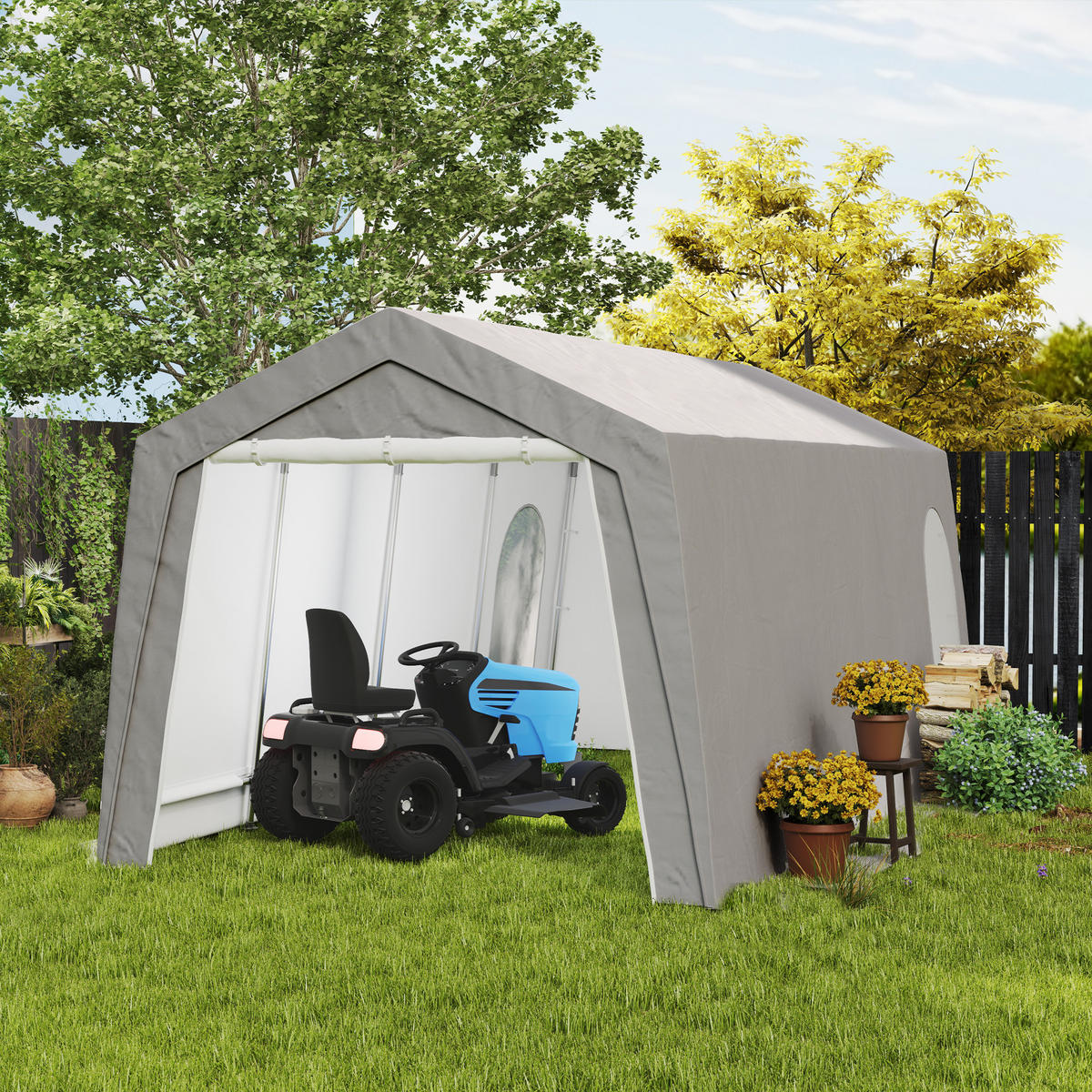 AUFBEWAHRUNGSZELT, wasserdicht Fahrradschuppen mit Türen, Fenster, Schuppen - Hellgrau, Metall (300/257/597cm) - Outsunny
