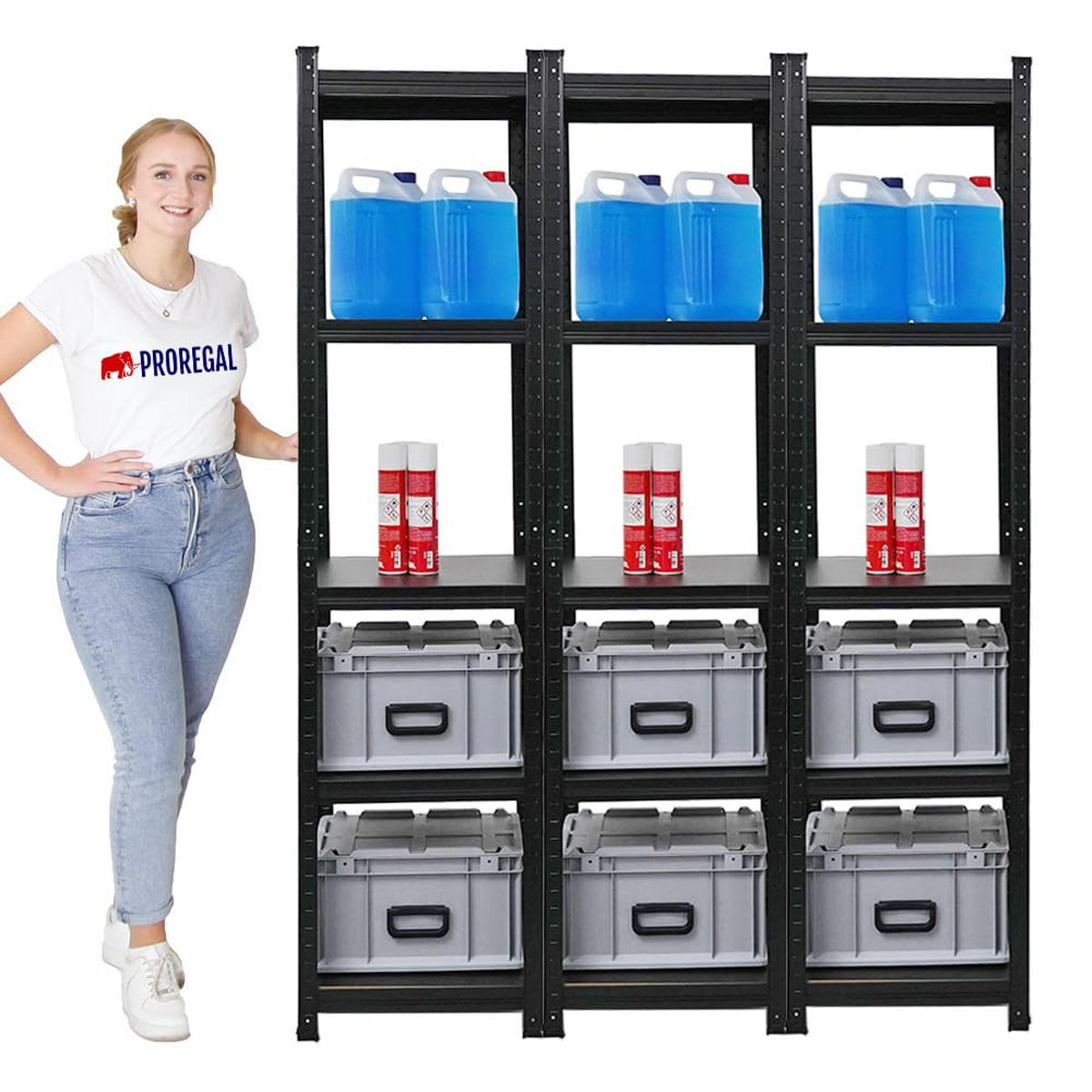 SCHWERLASTREGAL Ragnar All Black Series 3er-Set mit 3x 180x45x45 cm Fachlast 100 kg Matt Schwarz - Schwarz, Metall (135/180/45cm) - PROREGAL