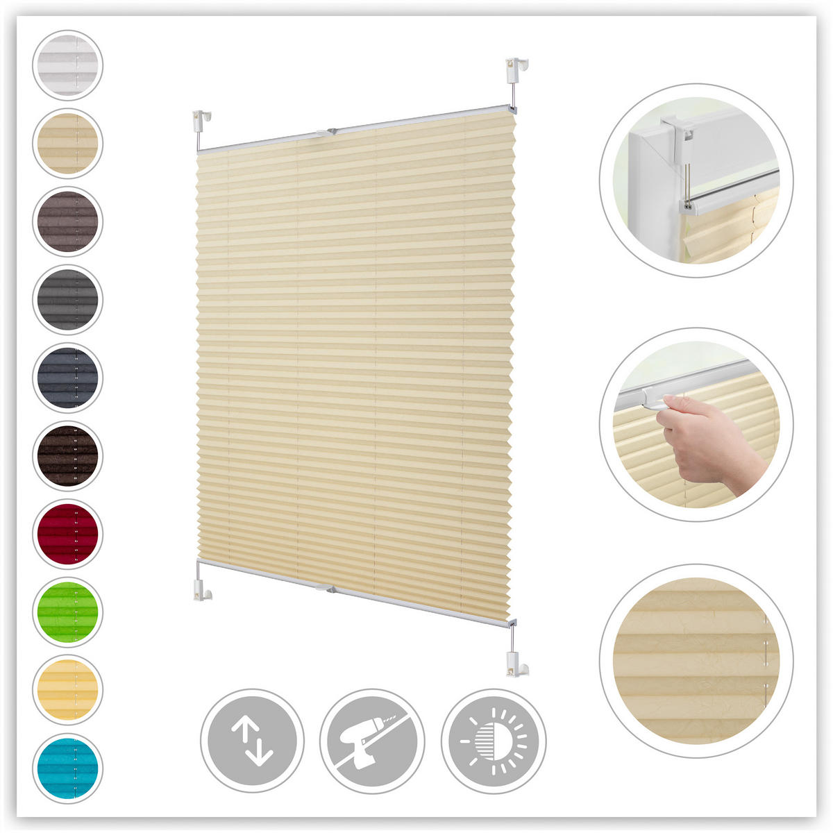 PLISSEE KLEMMFIX, OHNE BOHREN, VERSPANNT - Creme, Kunststoff (75/130cm) - Lichtblick Original