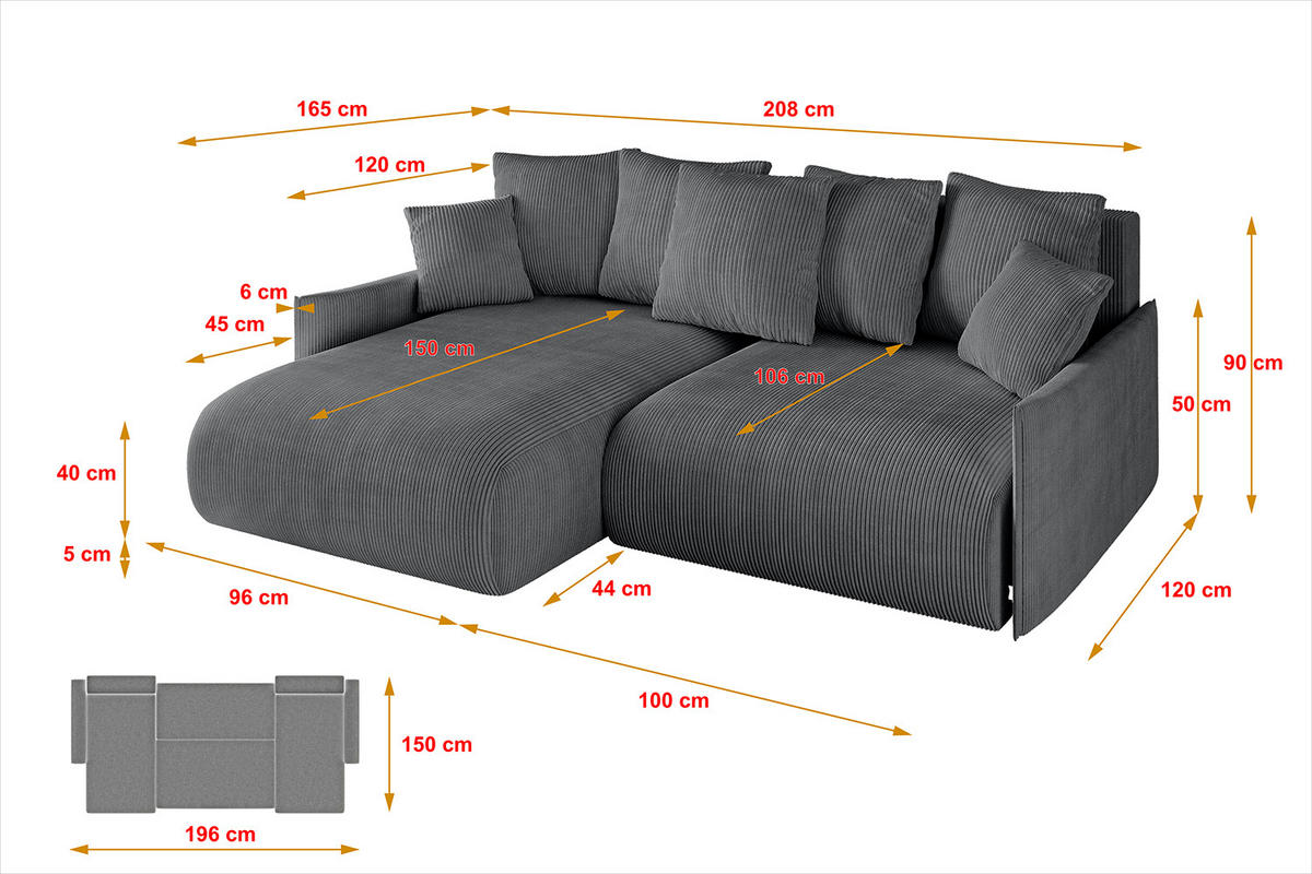 ECKSOFA mit Schlaffunktion und Bettkasten ONESK-L -v1 208x165x40 Dunkelgrau Cord - Dunkelgrau, Holzwerkstoff/Kunststoff (208/165cm) - ALTDECOR