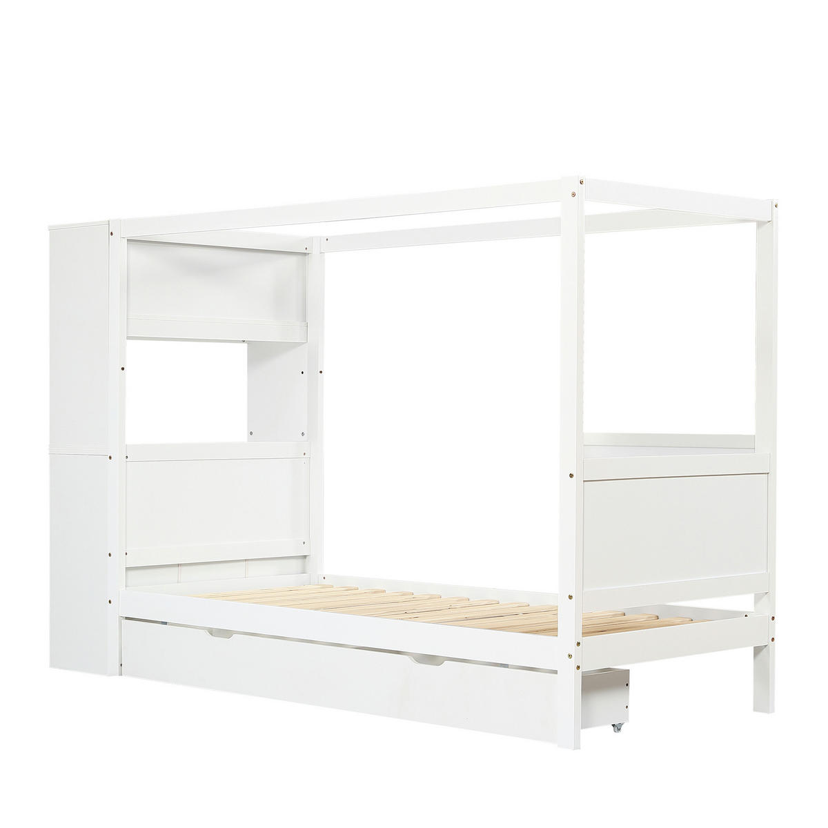 EINZELBETT 90/200 cm Weiß mit Stauraum und Fallschutz aus Kieferholz und MDF - Weiß, Holzwerkstoff (90/200cm) - OKWISH