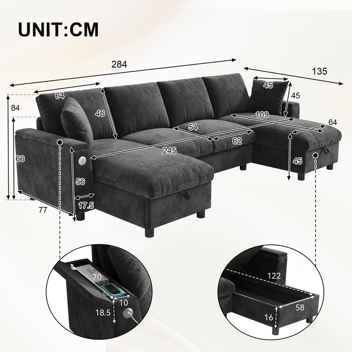 WOHNLANDSCHAFT Chenille Grau mit Stauraum, USB und Type-C - Grau, Holzwerkstoff/Kunststoff (284/84/135cm) - WISHDOR