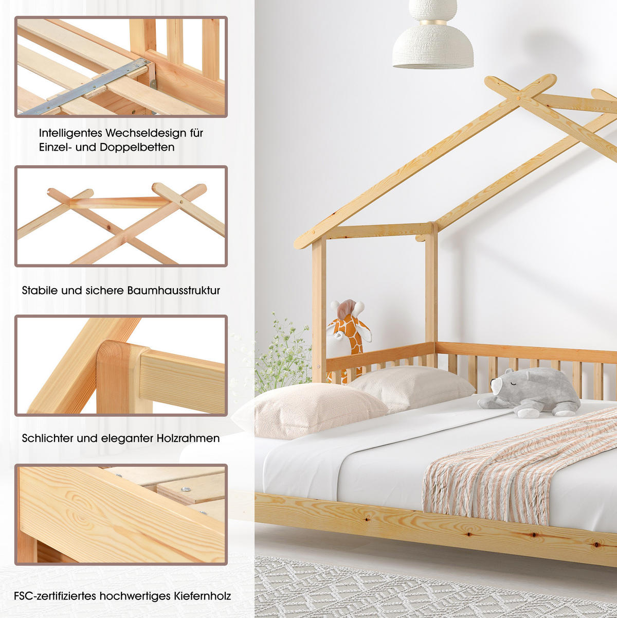 HAUSBETT 90/200 cm aus Kiefer massiv – ausziehbar von 90 auf 180/200 cm - Naturfarben, Holz (90/200cm) - BEAOK