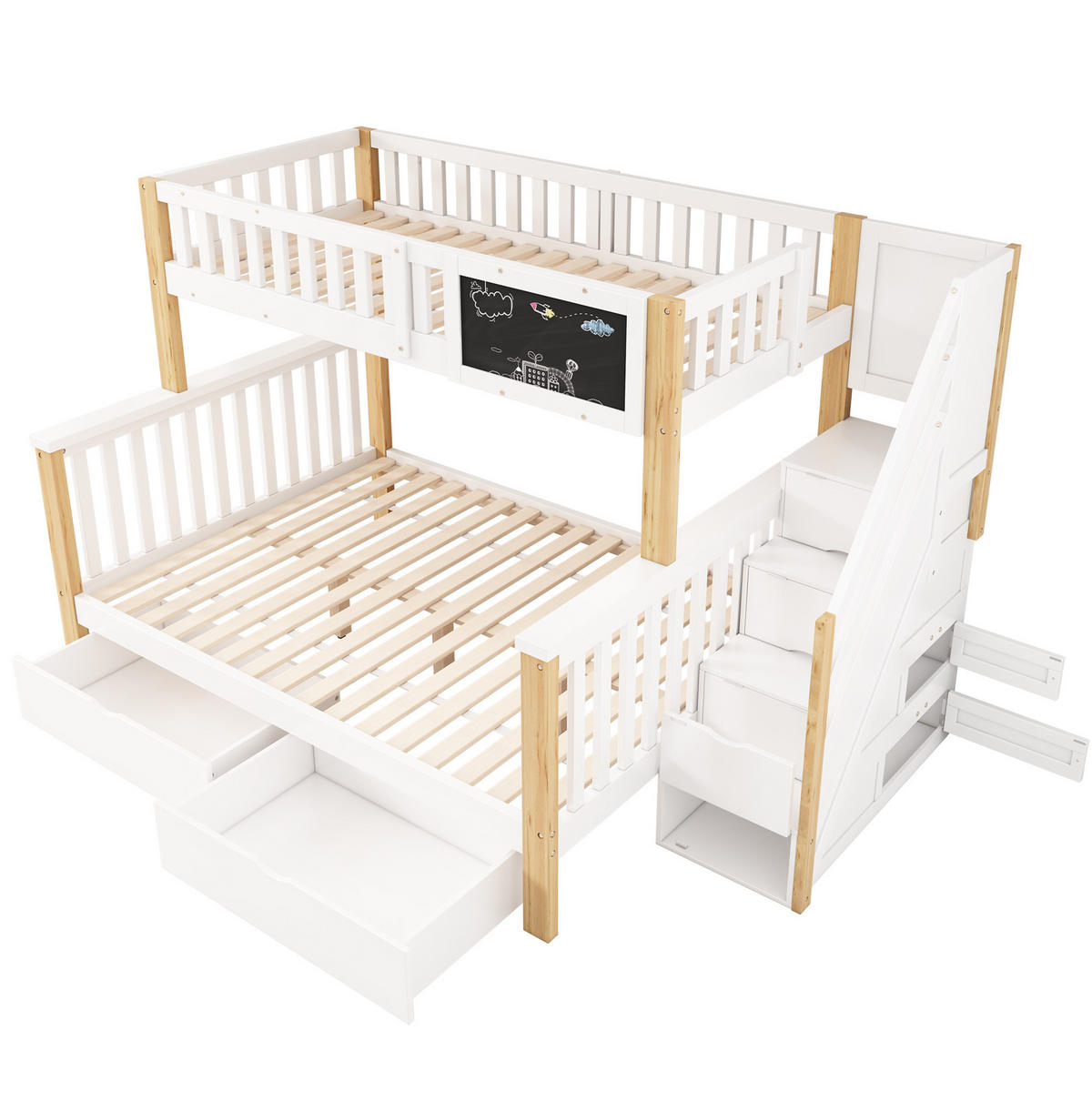 ETAGENBETT aus Massivholz und MDF 90x200/140x200 cm Weiß/helle Eiche mit Stauraumtreppe, Schubladen und Tafel - Weiß, Holz (90/200cm) - IVMEU