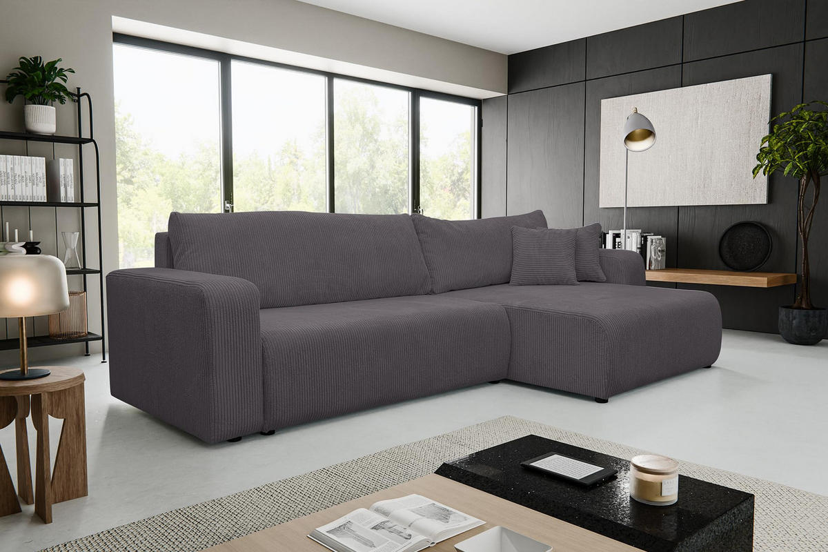 ECKSOFA Luna XL mit Schlaffunktion und Bettkasten Cord-Stoff (Dunkelgrau) - Dunkelgrau, Textil (274/142cm) - VENASI MÖBEL