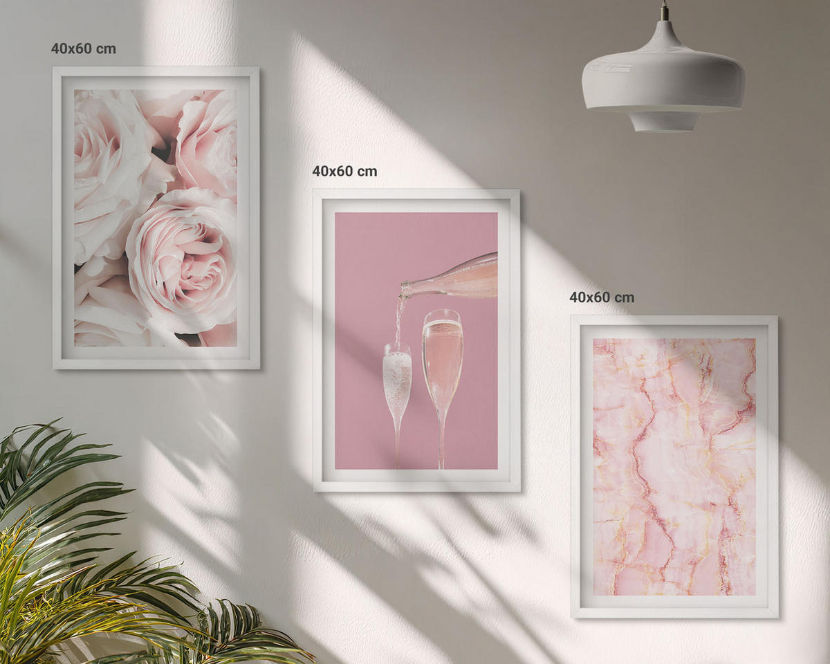 WANDBILDER 3er-Set - 40x60 cm Weißer Rahmen - Champagnerfarbene Rosen, Marmorhintergrund - Weiß, Kunststoff (40/60cm) - ArtPrintCave