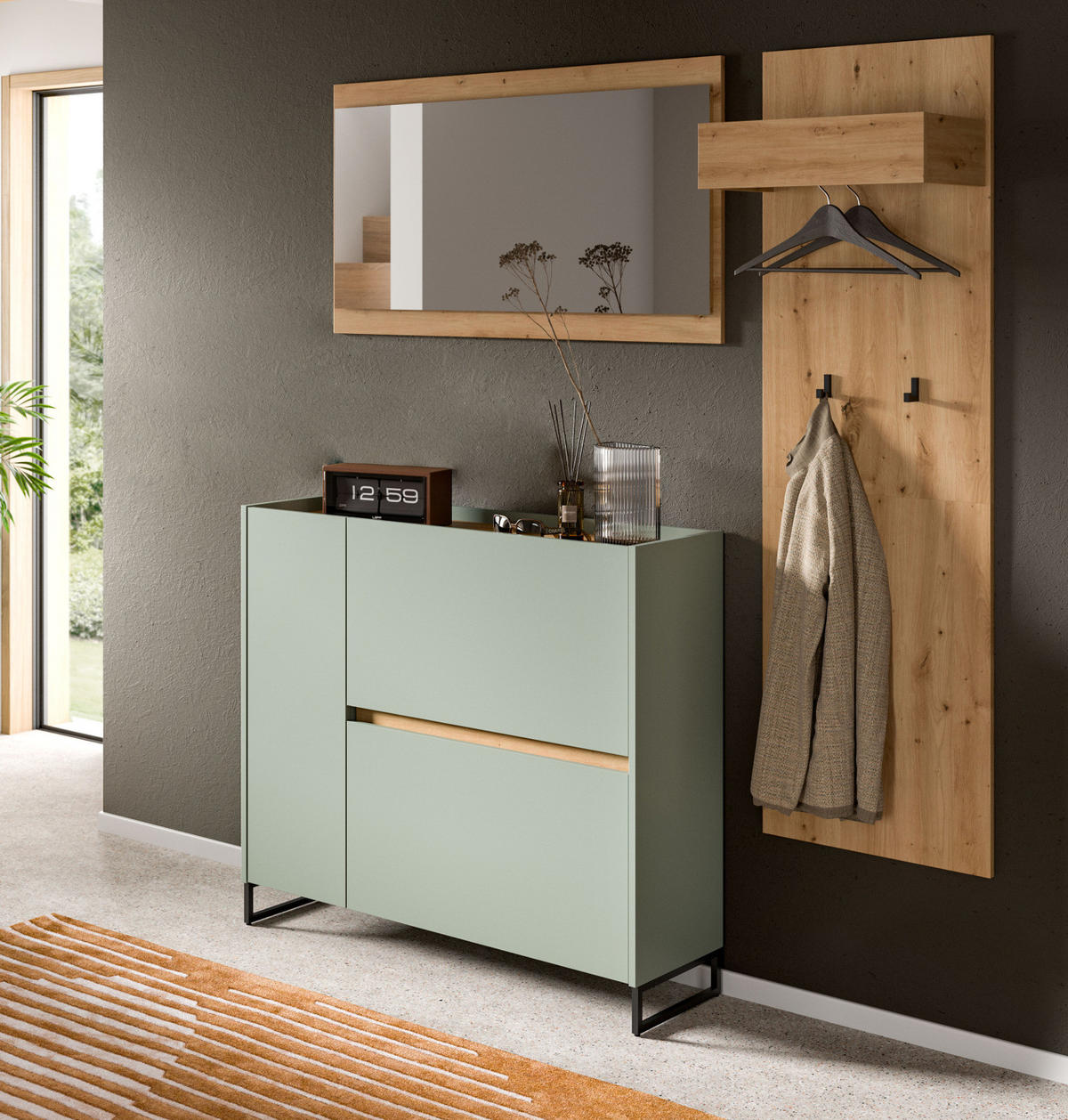 GARDEROBEN-SET 3-teilig Salbei grün, Eiche Artisan 175 cm, Garderobenschränke mit Soft-Close - Salbeigrün/Schwarz, Glas/Holzwerkstoff (175/192/32cm) - Inn.Furn