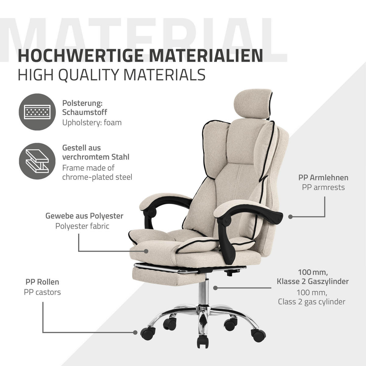 BÜROSTUHL - Beige, Metall (66/130.5/59cm) - ML-DESIGN