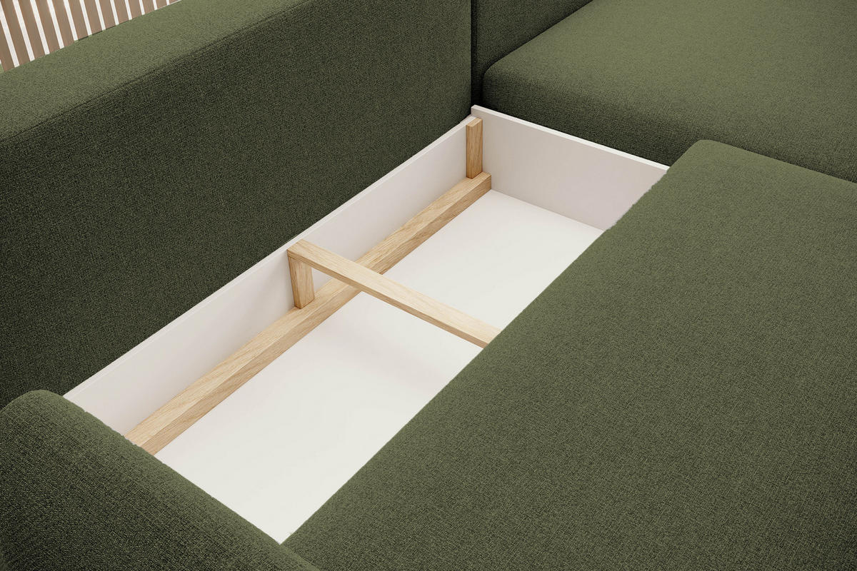ECKSOFA Bono – Stilvolles Sofa mit Schlaffunktion, Robuste Holzfüße, Elegante Armlehnen, Tiefe Sitzfläche 226x164x88 cm – Rechte, Grün - Grün, Holz/Textil (226/164cm) - DomoHome
