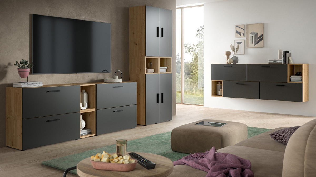 WOHNWAND grau, Eiche Artisan 300 cm, Wohnkombination hängend / stehend - Schwarz/Eiche Artisan, Holzwerkstoff/Kunststoff (300/178/34cm) - Inn.Furn