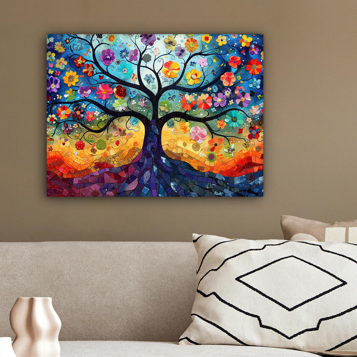 LEINWANDBILD Kunst - Baum des Lebens - Blumen - Hippie 40x30 cm - Dunkelblau, Textil (40/30cm) - MuchoWow