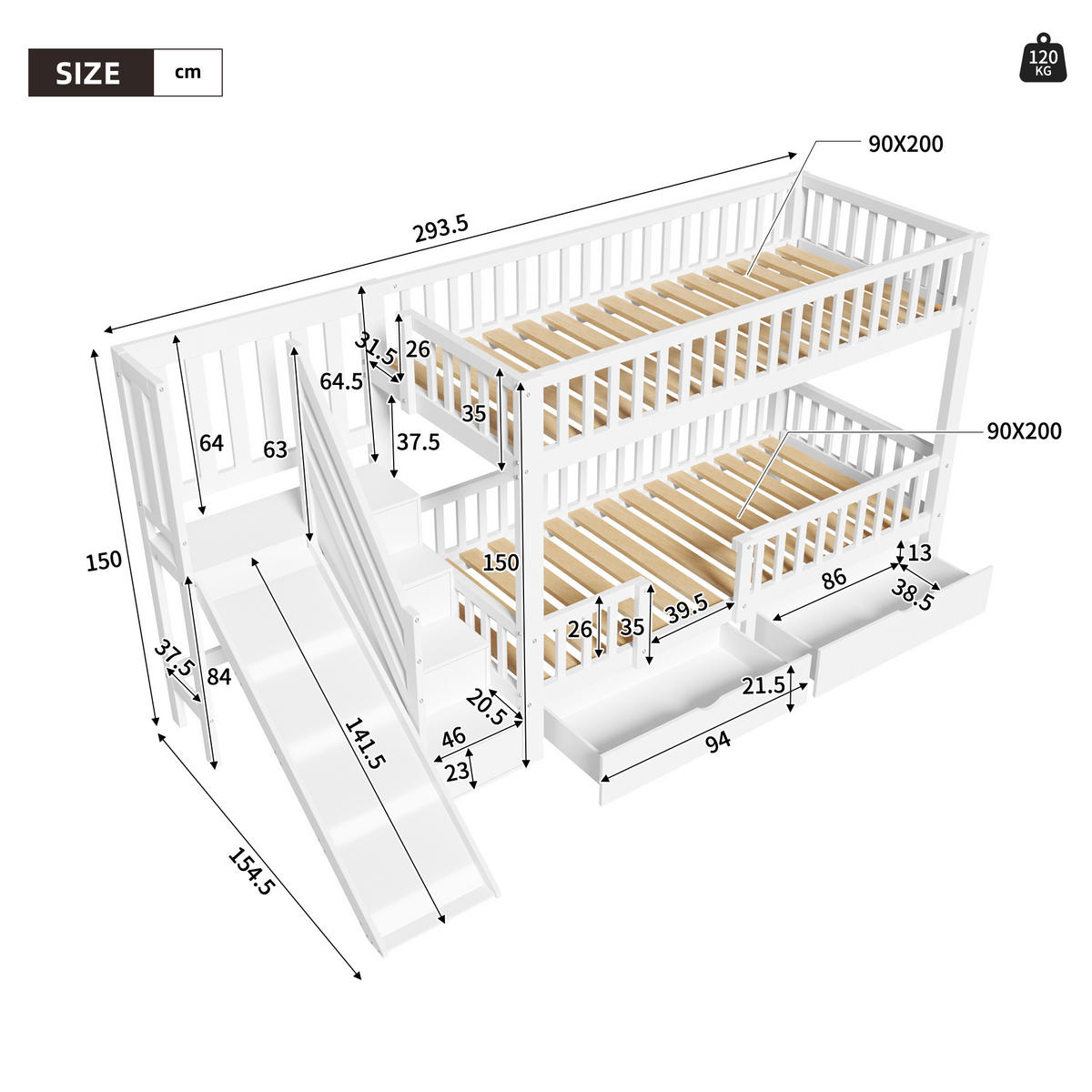 KINDERBETT 90x200cm Weiß Mit Rutsche & Magnetischer Tür - Weiß, Holzwerkstoff (90/200cm) - FLIEKS