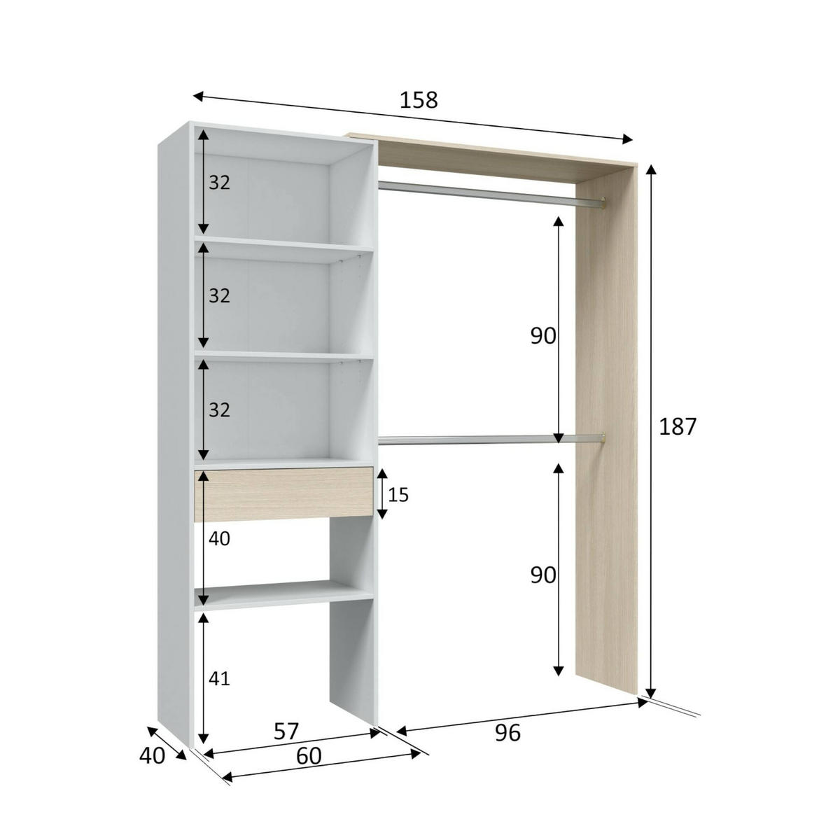 OFFENER KLEIDERSCHRANK Holz-Effekt Weiße Eiche 40x158x187 - Weiß, Holzwerkstoff (158/187/40cm) - DMORA